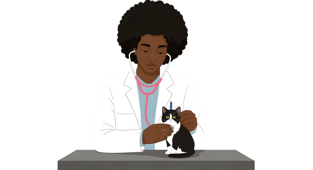 Illustration of a Young Black Male Veterinarian Examining a Kitten png