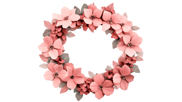 Delicate pink flower wreath with petals and leaves, cut out transparent png