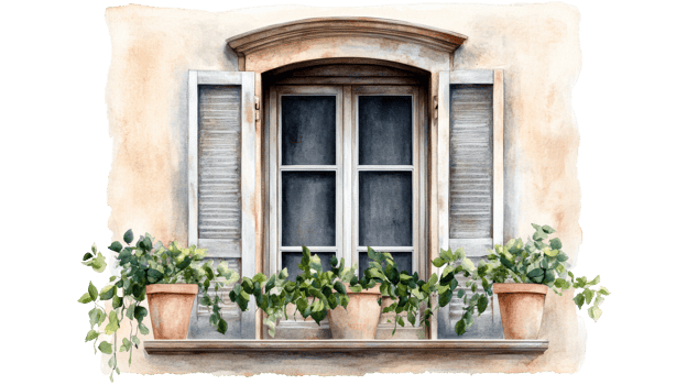 Window, plants, shutters, watercolor painting, architecture, facade, cut out transparent png