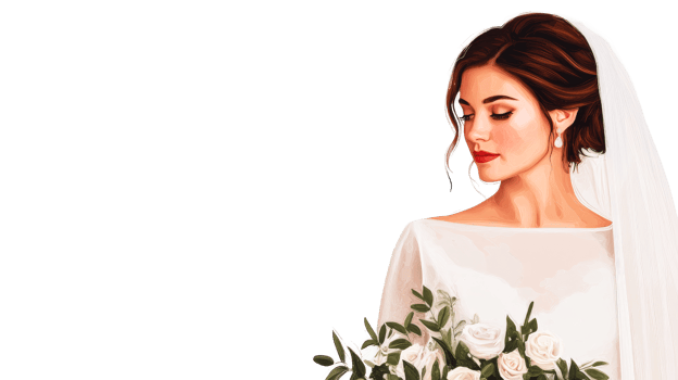 Bride in elegant white dress with bouquet, serene moment, cut out transparent png