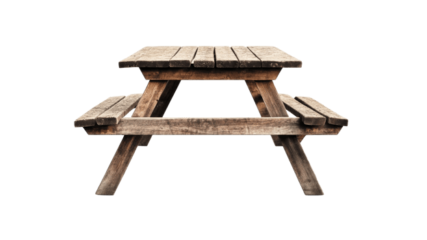 Wooden picnic table isolated on black background, cut out transparent png