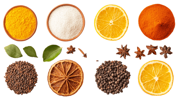 Spices and citrus fruits, aromatic plants, assortment, cut out transparent png