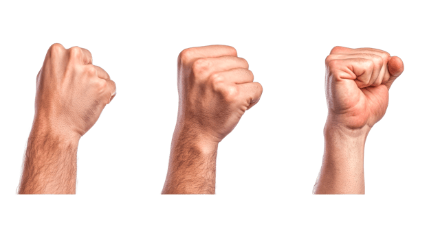 Three fists gesture different forms in the air, cut out transparent png