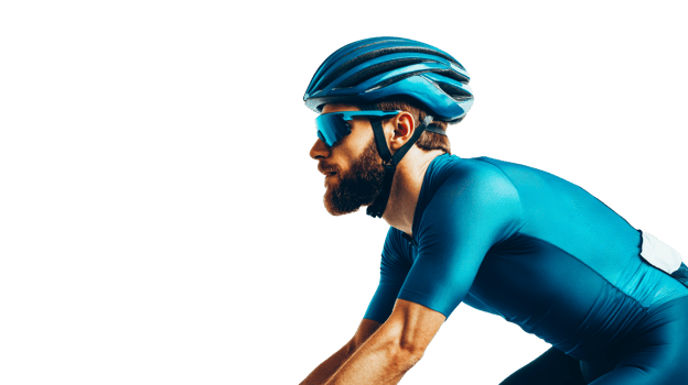 Cyclist in blue helmet and glasses, side view, isolated , cut out transparent png
