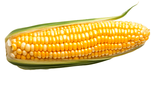 Fresh ripe ear of corn with husk, golden kernels, cut out transparent png