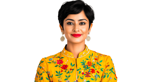 Elegant woman with short hair in a floral jacket, cut out transparent png