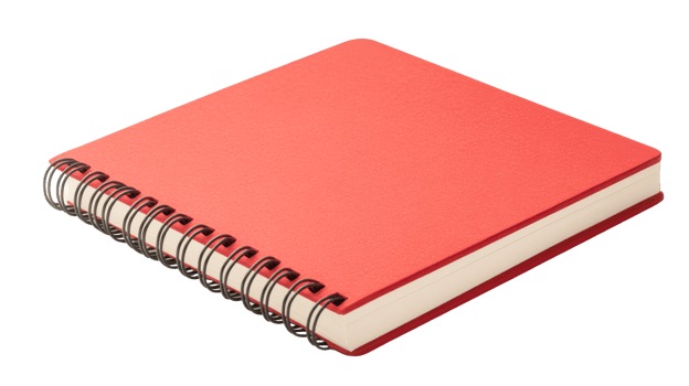 Red spiral notebook, blank pages on black background, cut out transparent png
