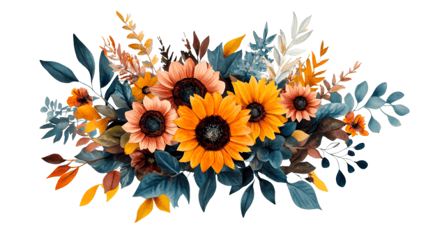 Autumn sunflowers, leaves, fall, floral arrangement, watercolor, design, cut out transparent png
