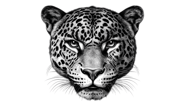 Portrait of a spotted jaguar, black and white animal drawing, cut out transparent png