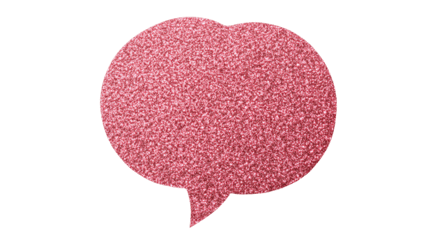 Pink glitter speech bubble cutout on a black background, cut out transparent png