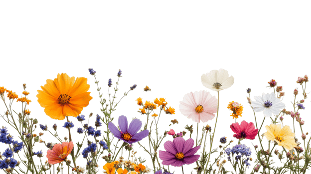 Colorful wildflowers, field flowers assortment, on black background, cut out transparent png