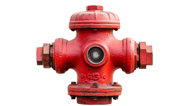 Weathered red fire hydrant isolated on black background, cut out transparent png