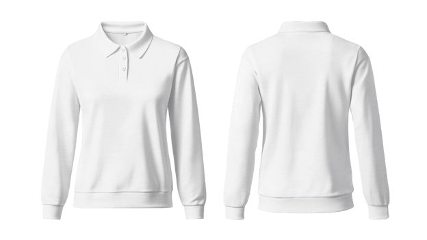 White long-sleeved polo shirt, front and back view, mockup, cut out transparent png