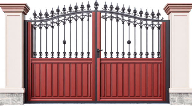 Ornate red metal gate, columns, isolated background, cut out transparent png