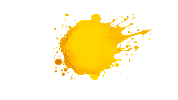 Yellow watercolor splash with splatters on black background, cut out transparent png
