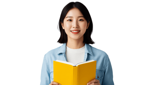 Smiling Asian woman holding yellow book, learning, studying, cut out transparent png