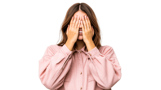 Woman covering eyes with hands and smiling, cut out transparent png