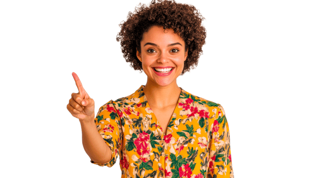 Smiling woman pointing up, demonstrating number one, cut out transparent png