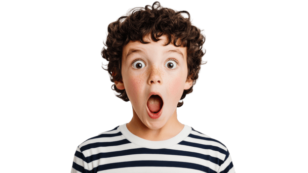 Shocked young boy with curly hair, mouth open in awe, cut out transparent png