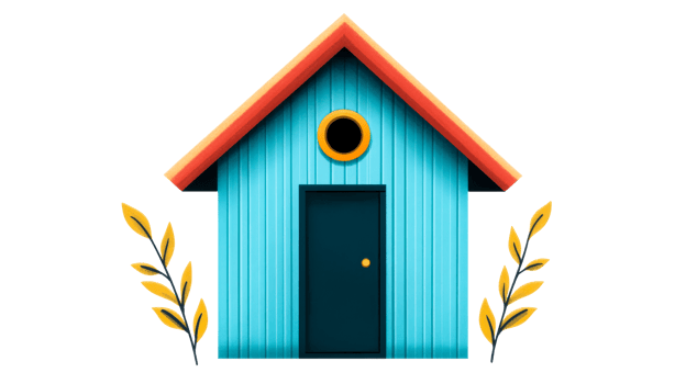 Blue house with a round window and leaves, cut out transparent png