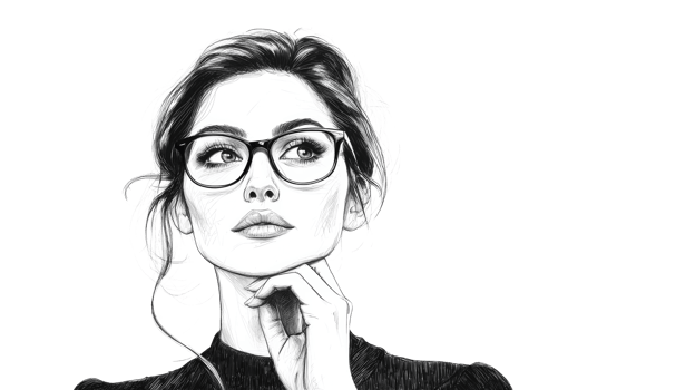 Pensive woman with glasses looks up, hand to chin, cut out transparent png