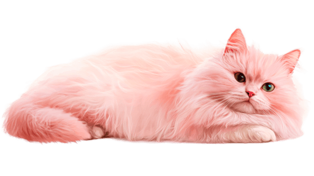 Pink cat lying down, resting feline, pet portrait, cut out transparent png