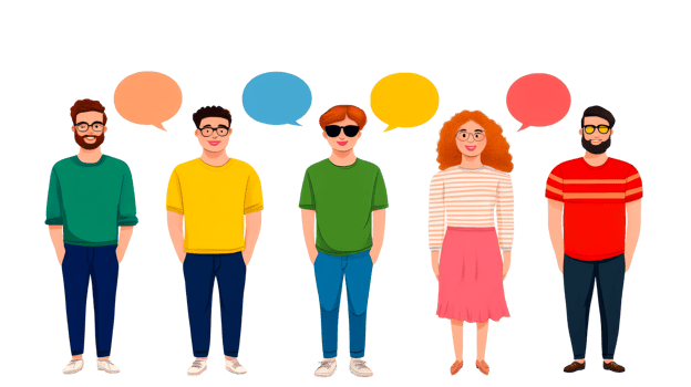 Group of Diverse People with Speech Bubbles Illustration, cut out transparent png