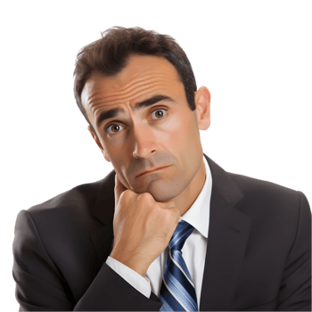 Skeptical businessman raising eyebrow in office setting corporate environment professional perspective emotional insight png