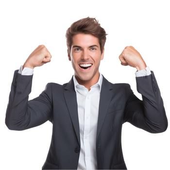 Businessman celebrating victory with raised fists in office corporate environment positive emotions dynamic perspective png