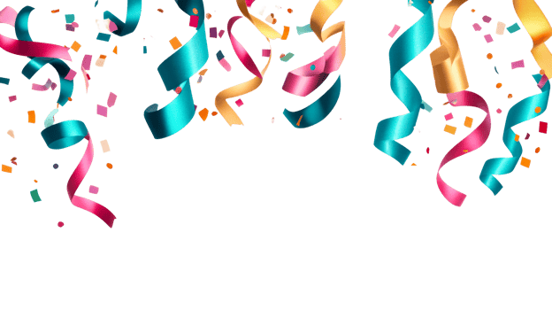 Colorful ribbons and confetti falling on black background, cut out transparent png