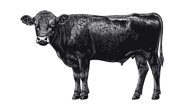 Black Angus bull illustration with fine detailed fur, cut out transparent png