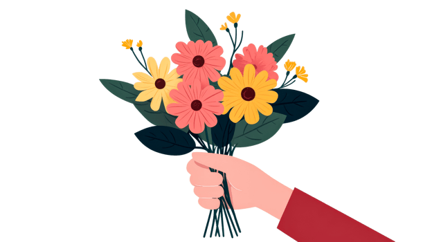 Hand holding bouquet of flowers, illustration, cut out transparent png