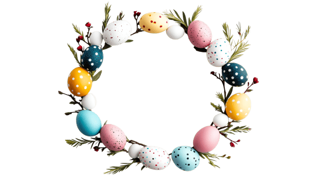 Colorful Easter Egg Wreath with Foliage and Berries, cut out transparent png