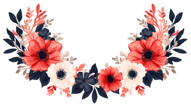 Floral crescent of red, white, navy flowers and leaves, cut out transparent png