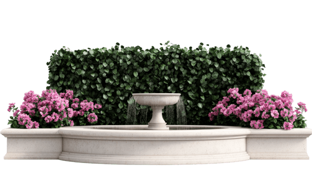 Ornate fountain with flowers, hedge, and running water, cut out transparent png