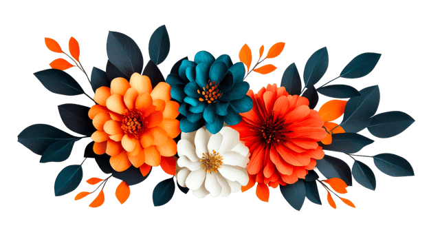 Colorful paper flowers arrangement on black background, cut out transparent png