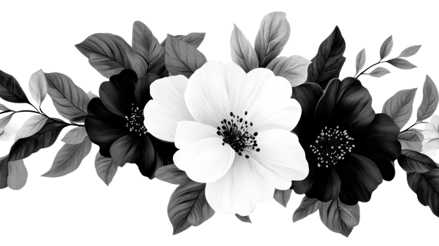 Black and white floral arrangement with flowers and leaves, cut out transparent png