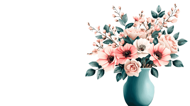 Floral arrangement in a vase with peach flowers, cut out transparent png