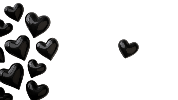 Dark glossy hearts on a black background, cut out transparent png