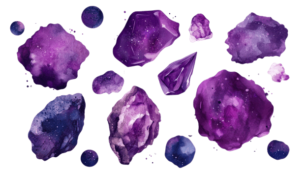 Watercolor crystals and stones in shades of purple, cut out transparent png