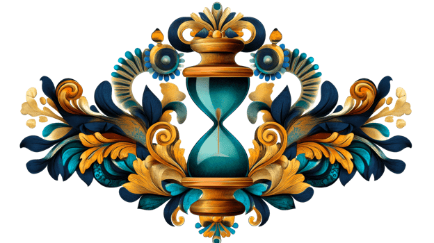 Ornate hourglass framed by blue and gold floral designs, cut out transparent png