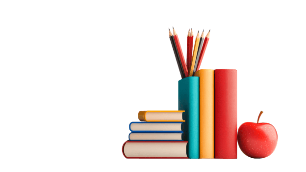 Books and pencils with apple, school supplies, cut out transparent png