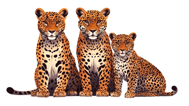 Family of three jaguars sitting close together, cut out transparent png