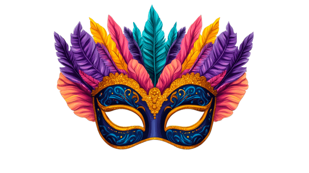 Colorful ornate Mardi Gras mask with feathers and glitter, cut out transparent png