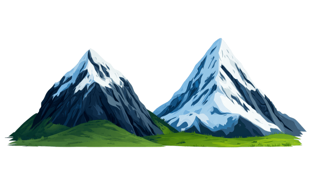 Mountain panorama with snow-capped peaks and green valleys, cut out transparent png