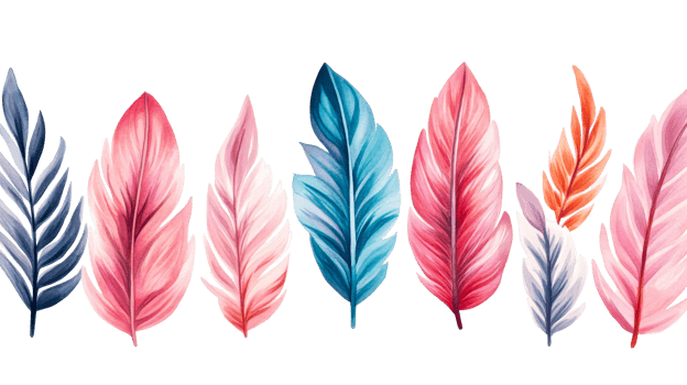 Watercolor Feathers in a Row with Beautiful Colors, cut out transparent png