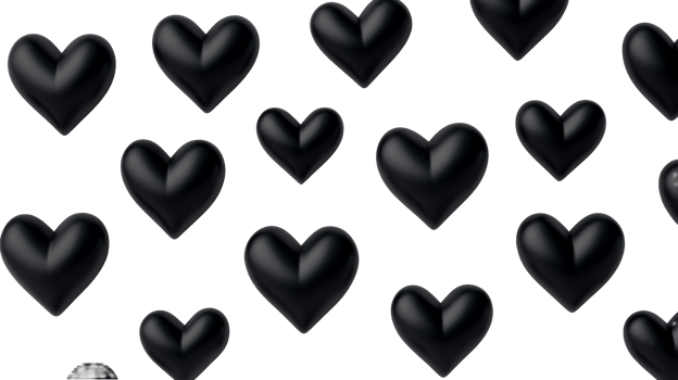 Glossy black hearts pattern on dark background, cut out transparent png
