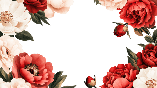 Floral frame with red and white peonies, romantic background, cut out transparent png