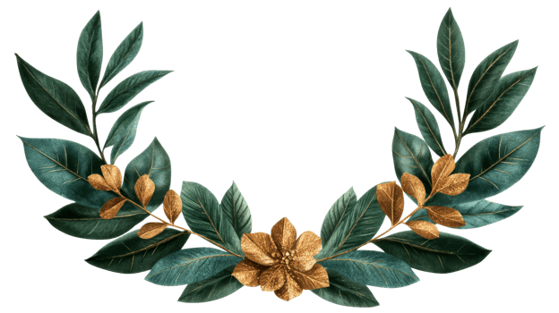 Golden flower with leaves wreath design element, cut out transparent png