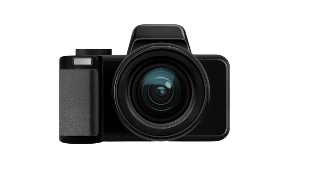 Modern black camera close-up, isolated, cut out transparent png